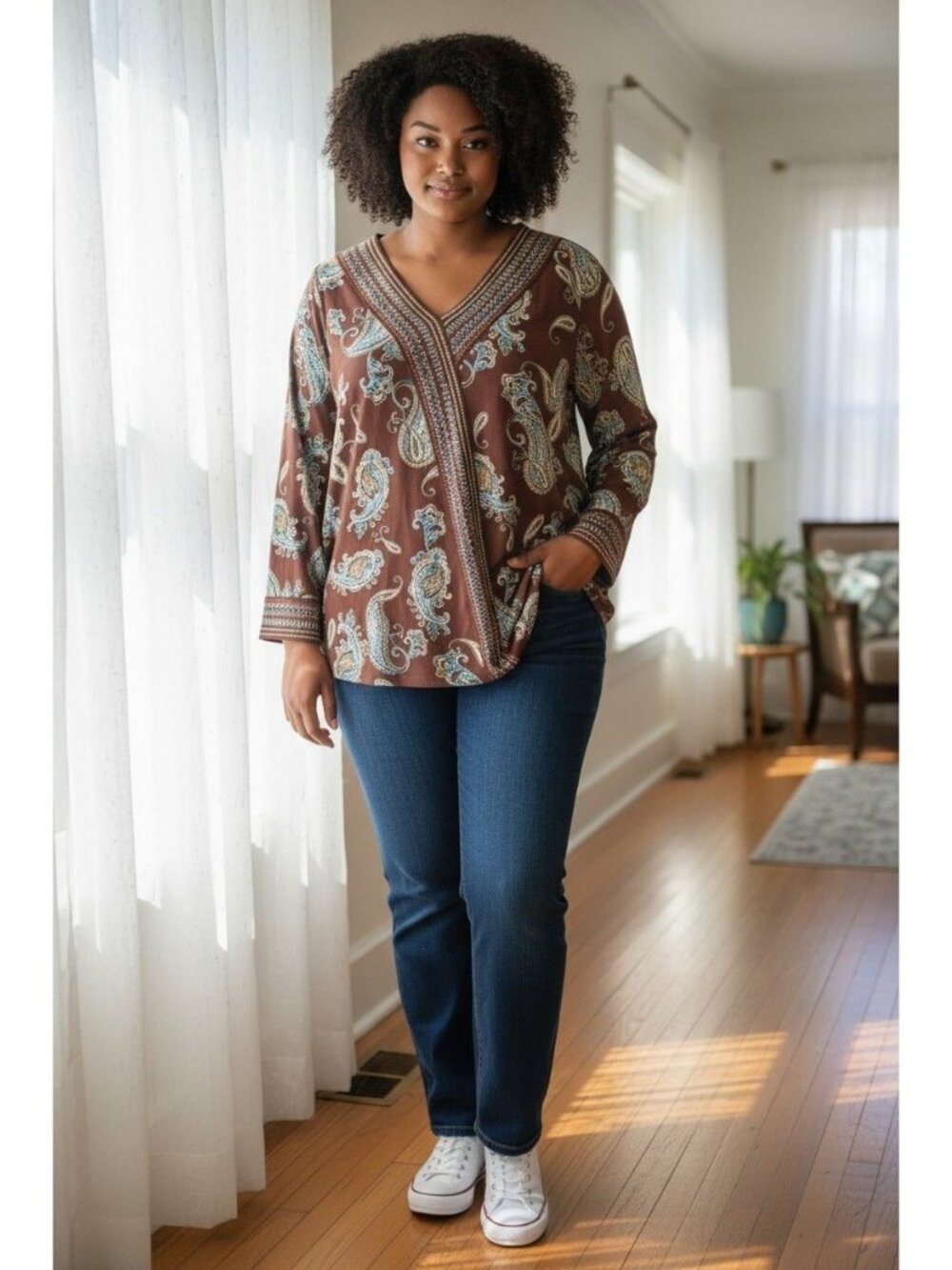 Belle By Kim Gravel Brown Paisley Print V-Neck Long Sleeve Tunic Top XL